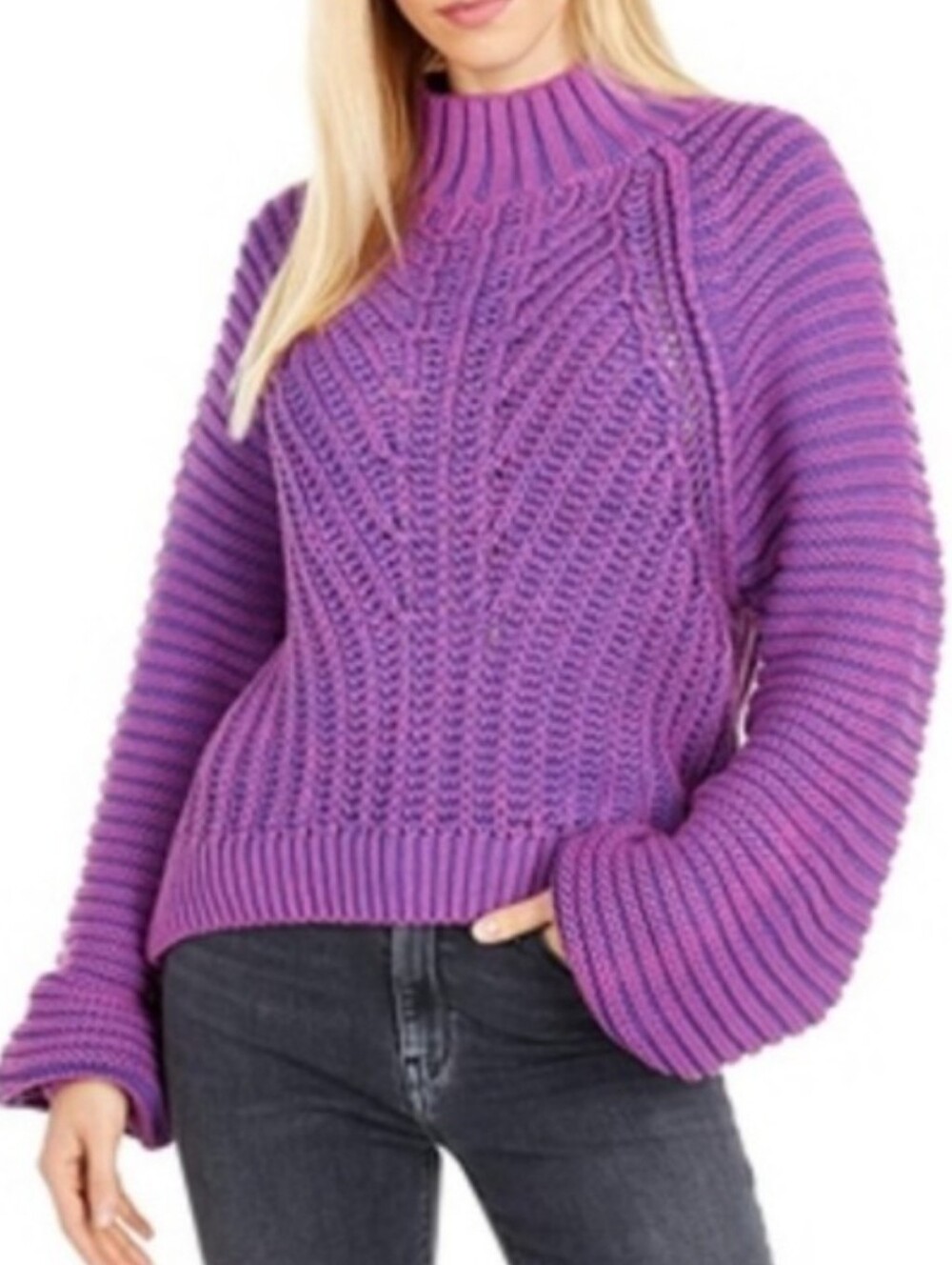 Free People Purple Cable Knit Chunky Knit Mock-neck Sweater Small Women's